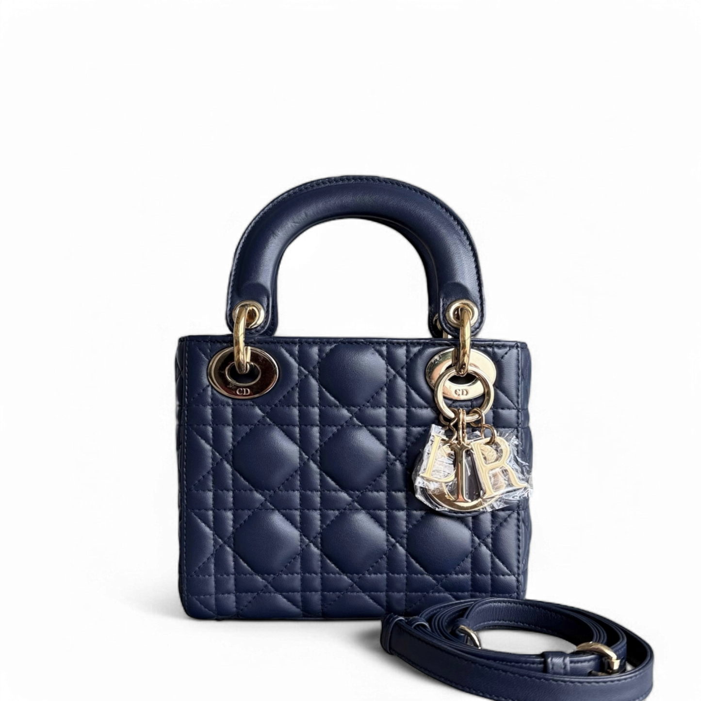 Kovancy Lady Mini - Bandoulière réglable en cuir d'agneau Cannage bleu foncé avec finitions dorées