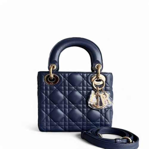 Kovancy Lady Mini - Bandoulière réglable en cuir d'agneau Cannage bleu foncé avec finitions dorées