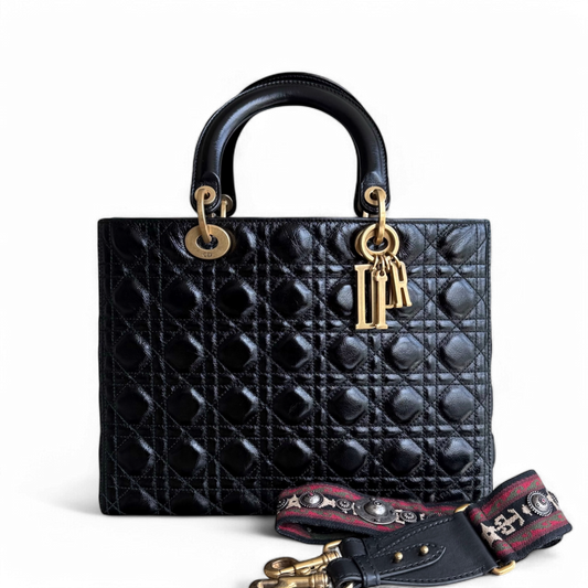 Kovancy Lady Grand Rabat - Cuir de Veau Glacé Cannage Noir Quincaillerie Dorée