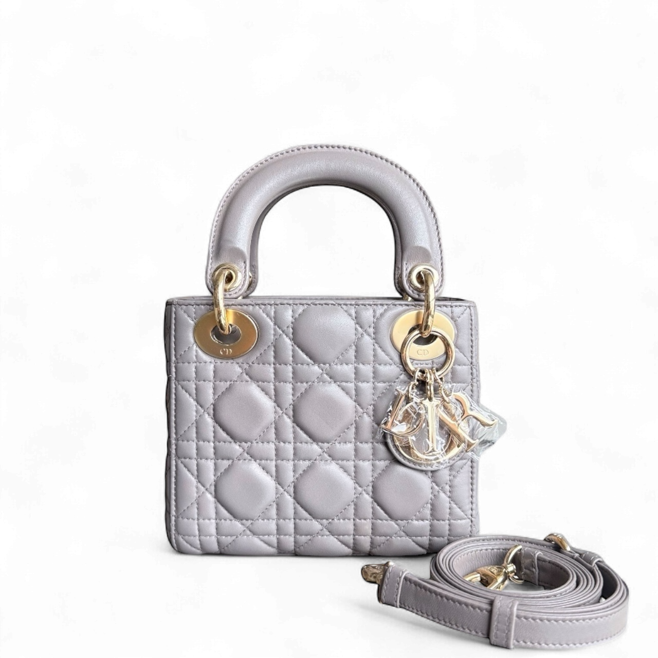 Kovancy Lady Mini - Sangle réglable en cuir d'agneau Cannage gris et matériel doré