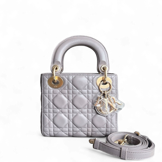 Kovancy Lady Mini - Sangle réglable en cuir d'agneau Cannage gris et matériel doré