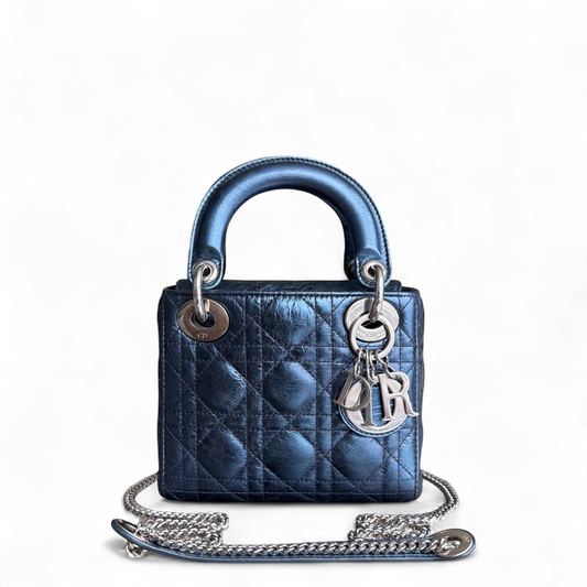 Kovancy Lady Mini - Cuir de veau glacé Cannage bleu métallisé, quincaillerie argentée