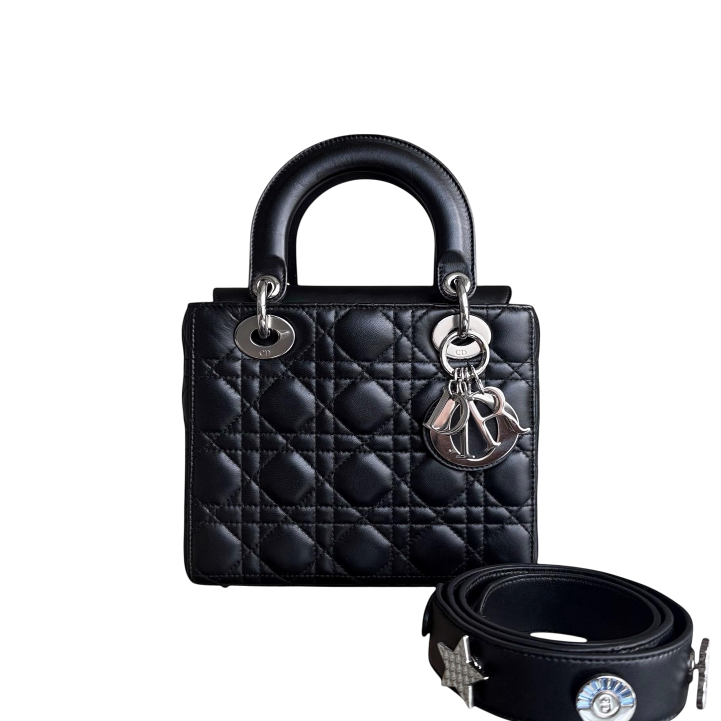 Kovancy Lady Petit rabat - Cuir d'agneau Cannage noir et quincaillerie argentée