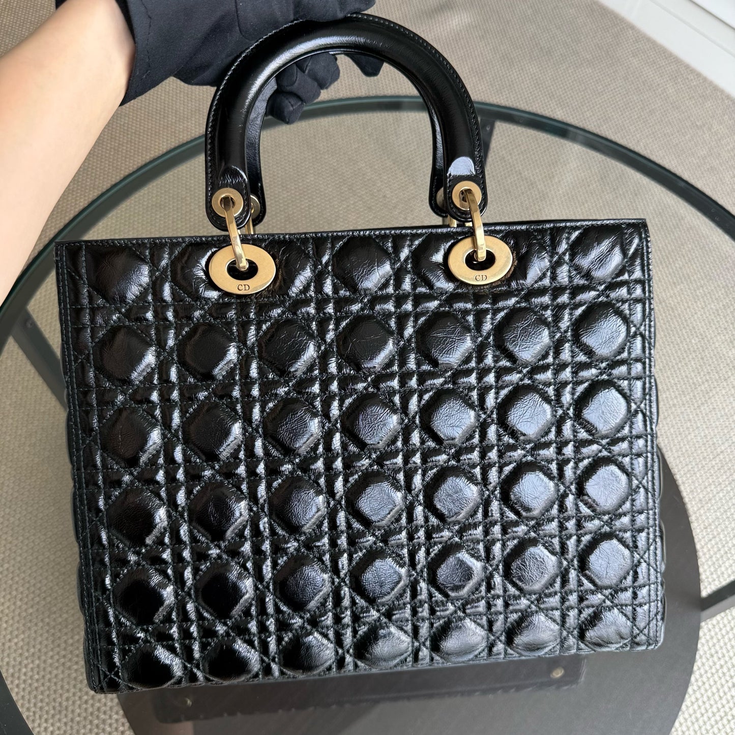 DIO Lady Grand Rabat - Canange Glazed Calfskin, Black and Gold Finishes