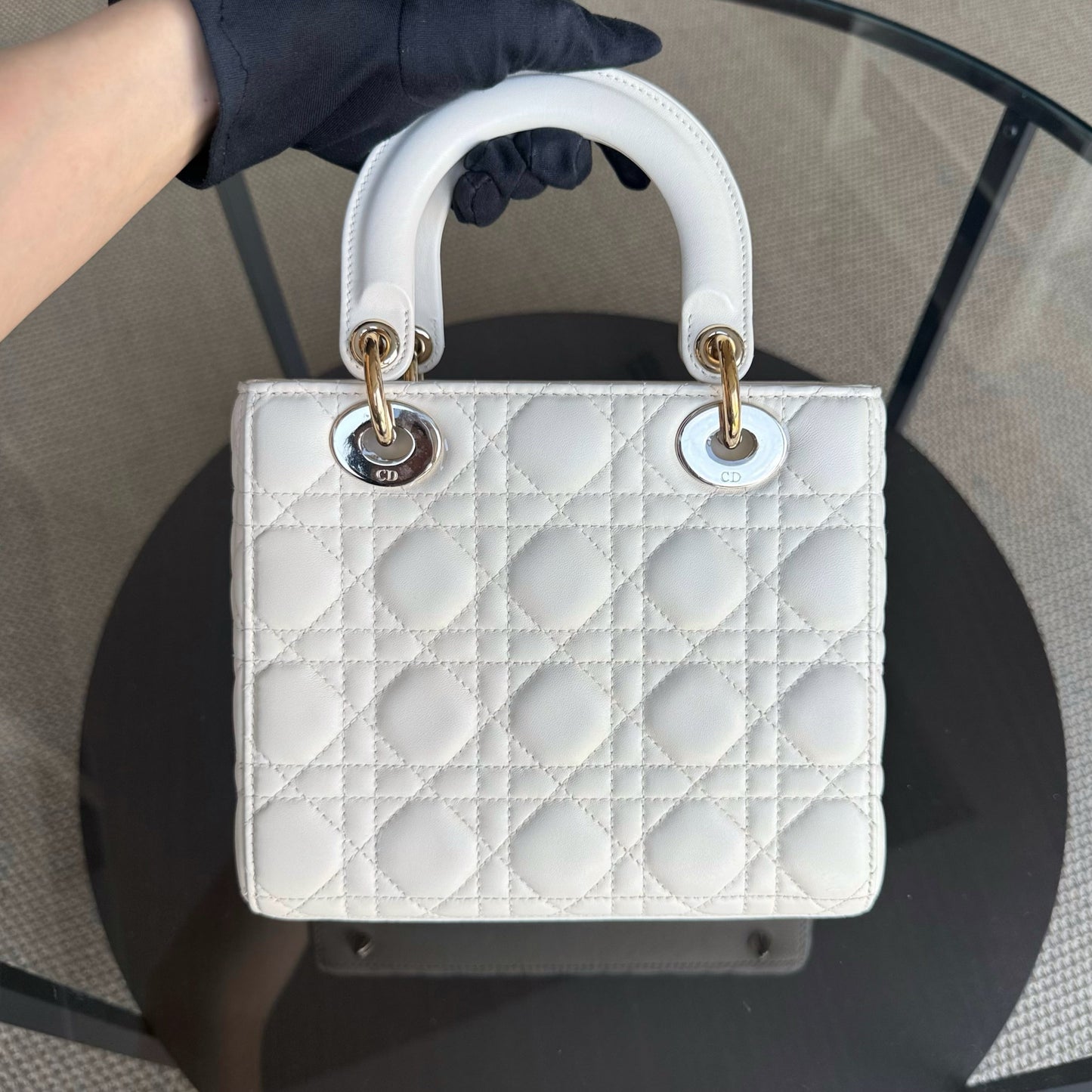 Kovancy MyABC Lady Petit - Cuir d'agneau Cannage blanc, quincaillerie dorée