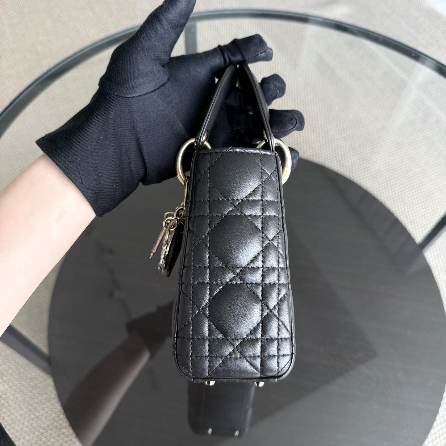 DIO Lady Mini - Dark Grey Cannage Lambskin Chain Strap with Gold Hardware