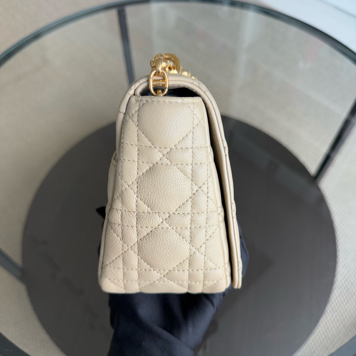 DIO Caro Medium - Beige Cannage Calfskin Gold-tone hardware