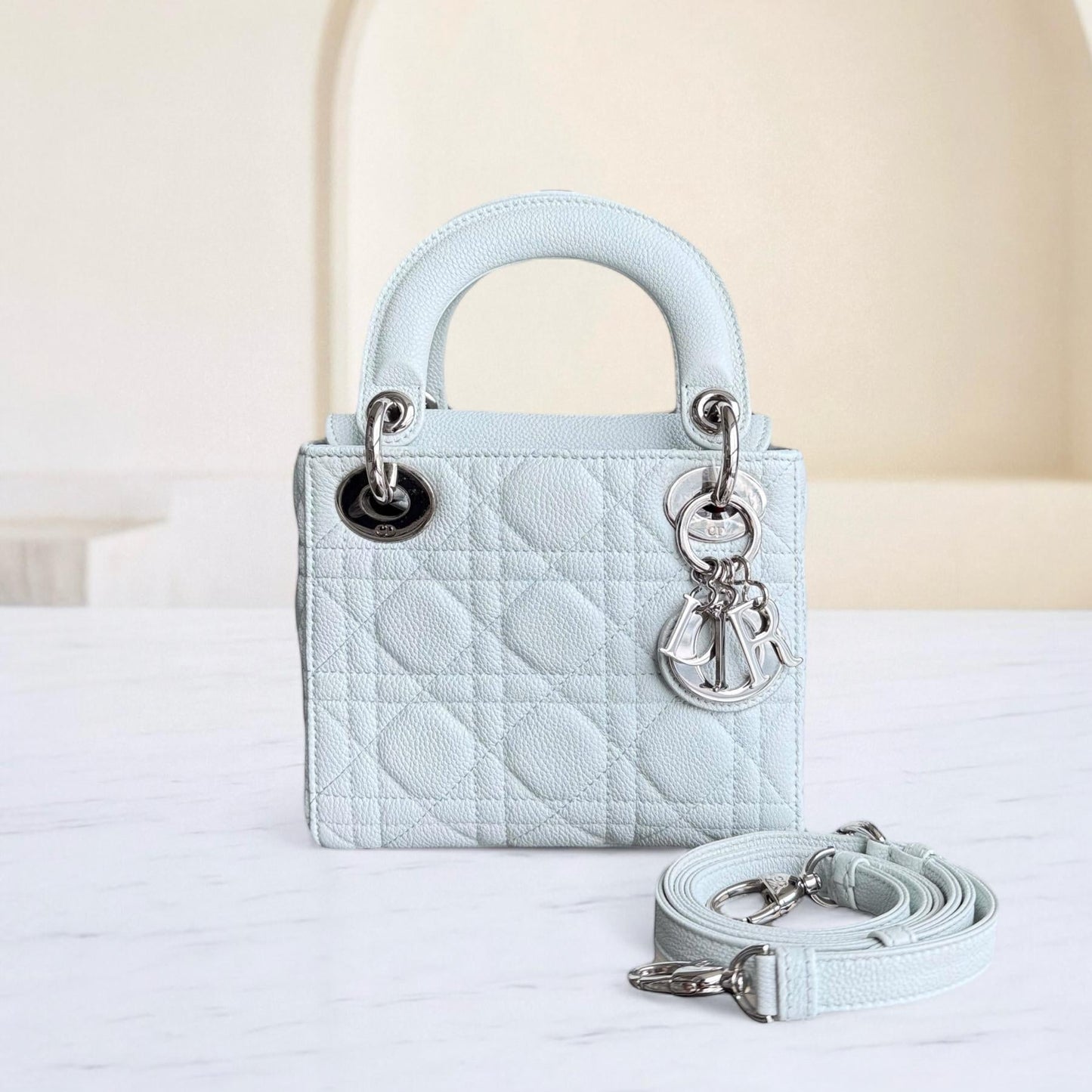 Kovancy Lady Mini - Cuir de veau grainé Cannage Glacier White Hardware argenté