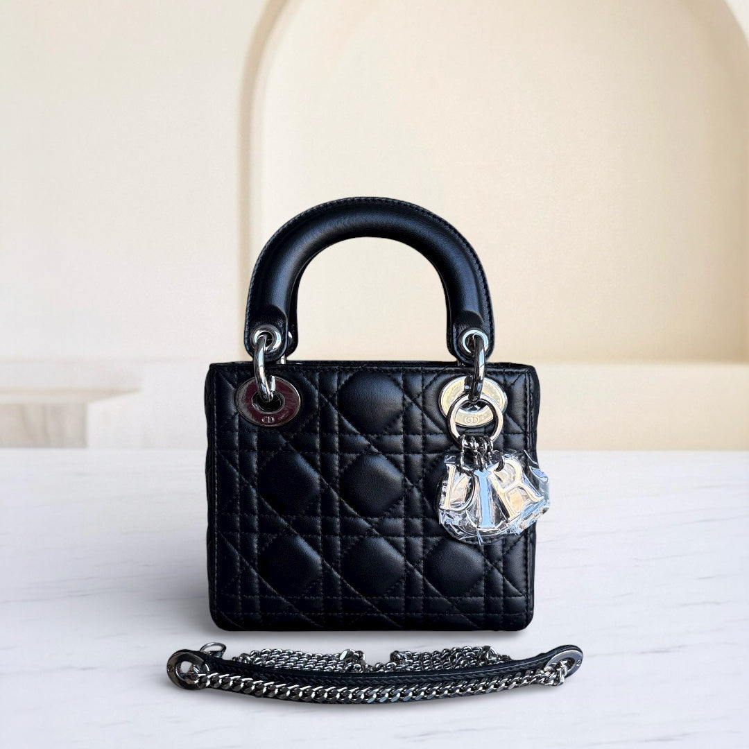 Kovancy Lady Mini - Sangle à chaîne en cuir d'agneau Cannage noir et matériel argenté