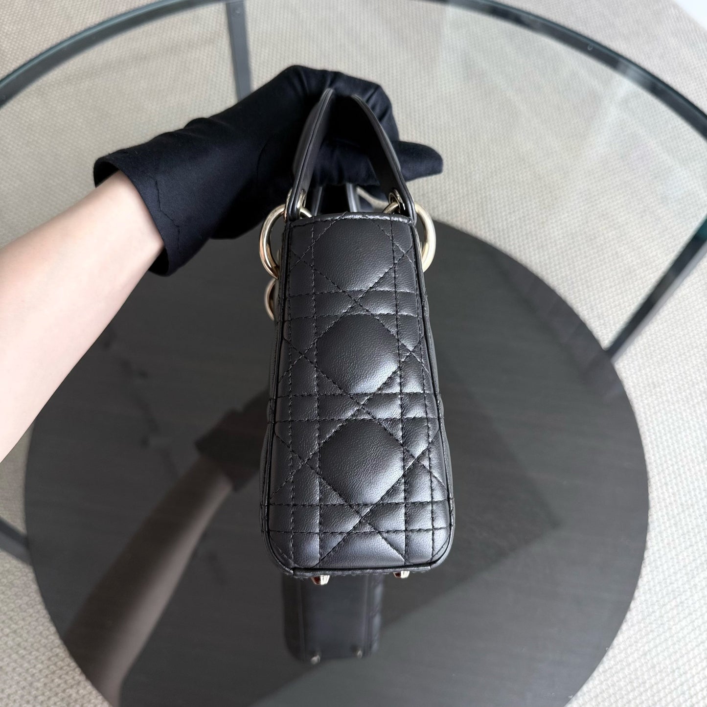 DIO Lady Mini - Dark Grey Cannage Lambskin Chain Strap with Gold Hardware