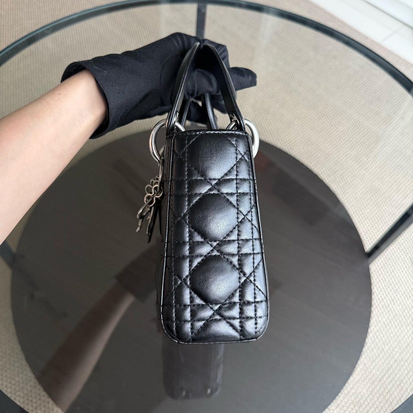 Kovancy Lady Mini - Sangle réglable en cuir d'agneau Cannage noir et argent