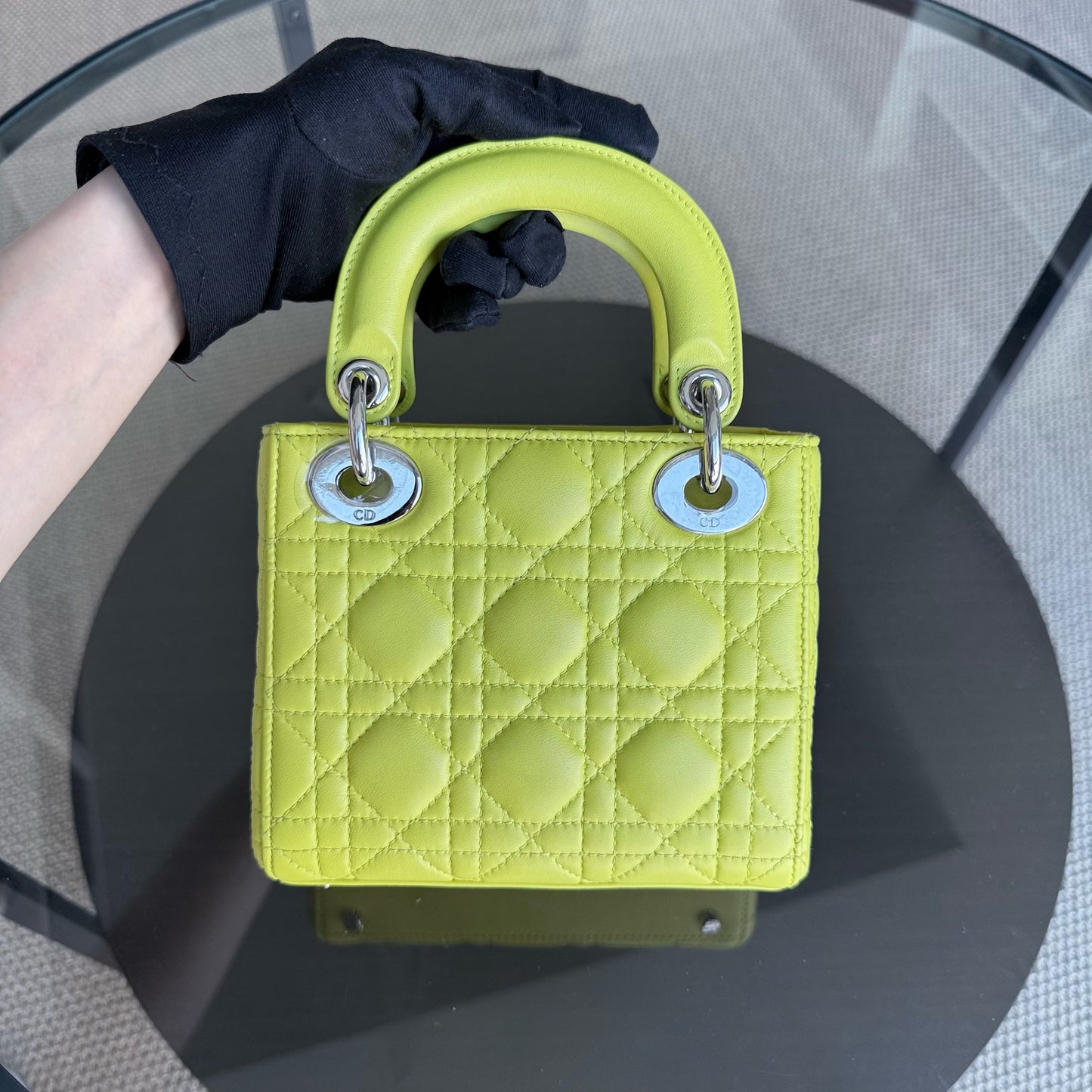 Kovancy Lady Mini - Sangle réglable en cuir d'agneau Cannage jaune et métal argenté