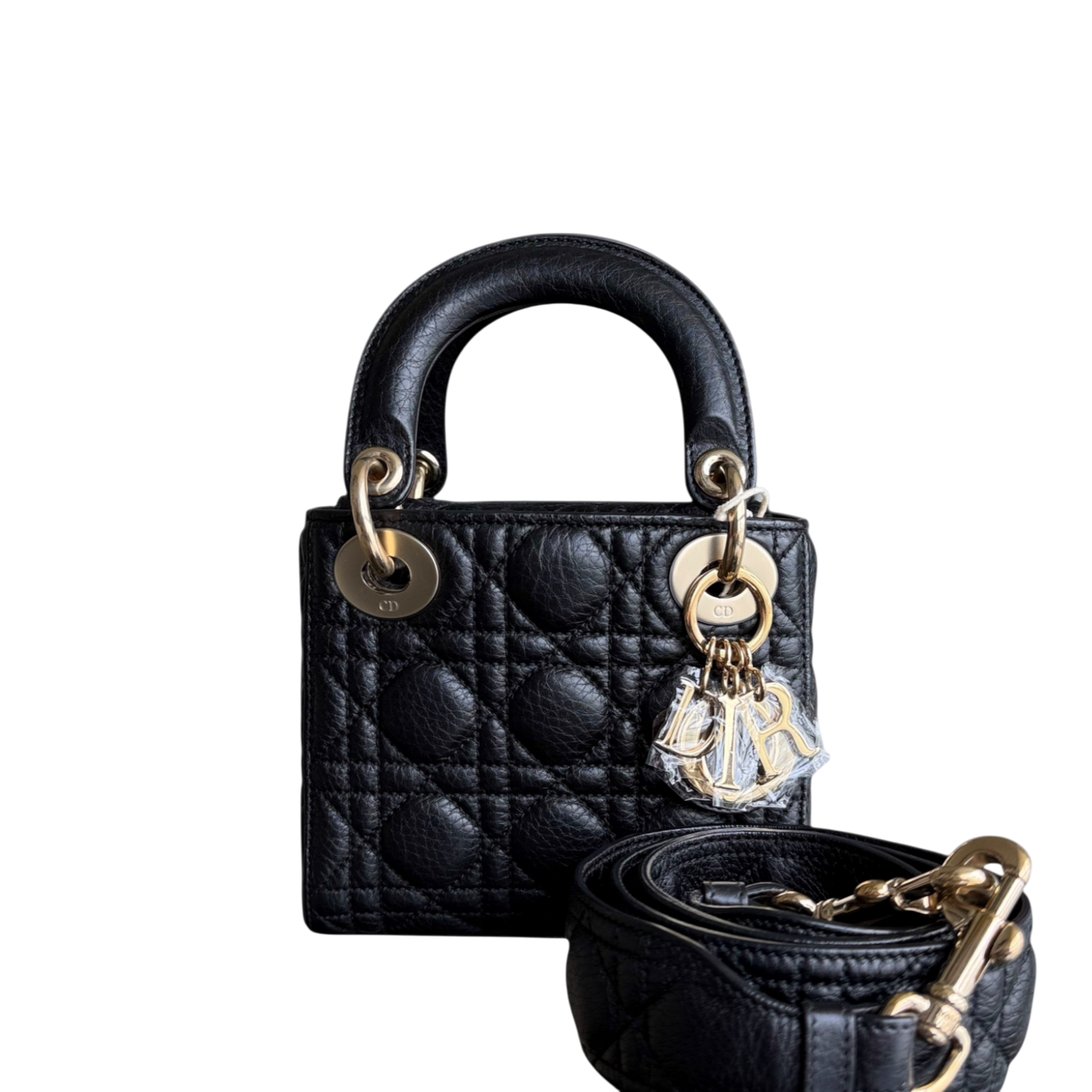 Kovancy Lady Mini - Cannage en veau grainé noir avec finitions dorées