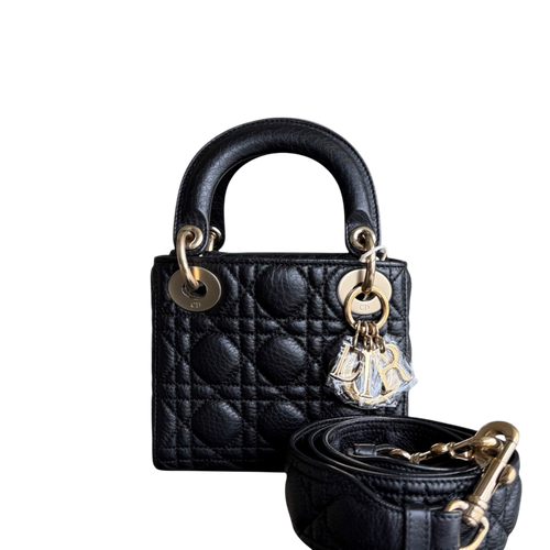 Kovancy Lady Mini - Cannage en veau grainé noir avec finitions dorées