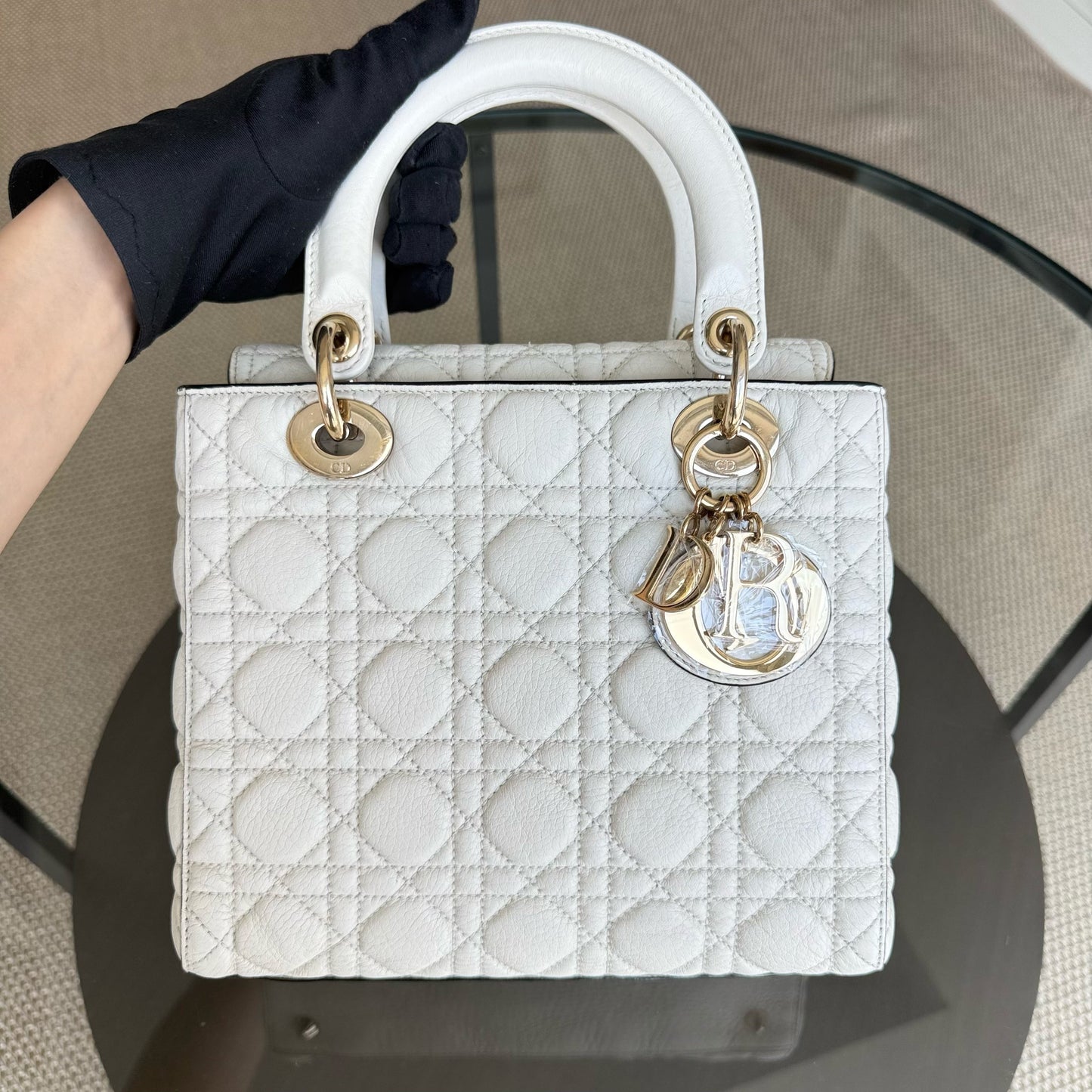 Kovancy Lady Rabat moyen - Cuir de veau Cannage Blanc Quincaillerie en or