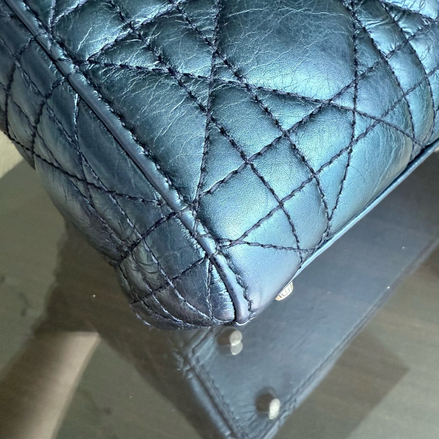 Kovancy Lady Mini - Cuir de veau glacé Cannage bleu métallisé, quincaillerie argentée