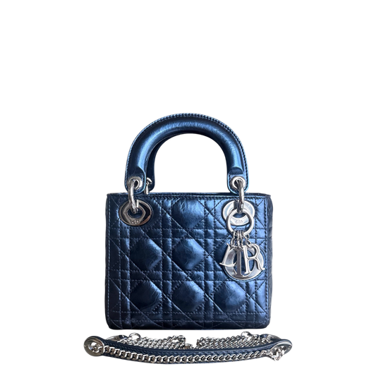 Kovancy Lady Mini - Cuir de veau glacé Cannage bleu métallisé, quincaillerie argentée