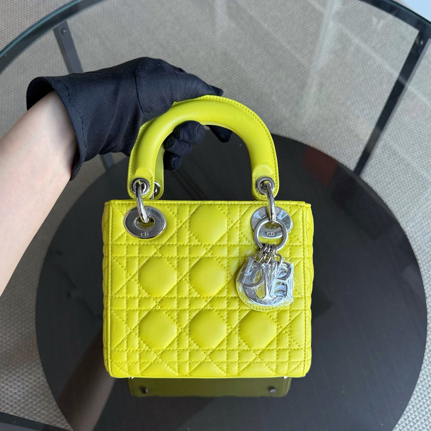Kovancy Lady Mini - Sangle réglable en cuir d'agneau Cannage jaune et métal argenté