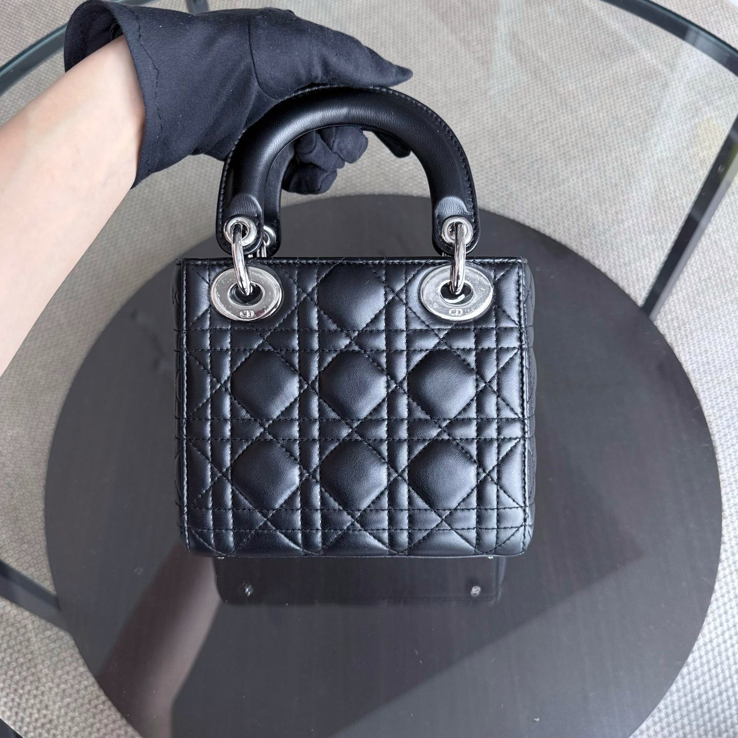 Kovancy Lady Mini - Sangle à chaîne en cuir d'agneau Cannage noir et matériel argenté