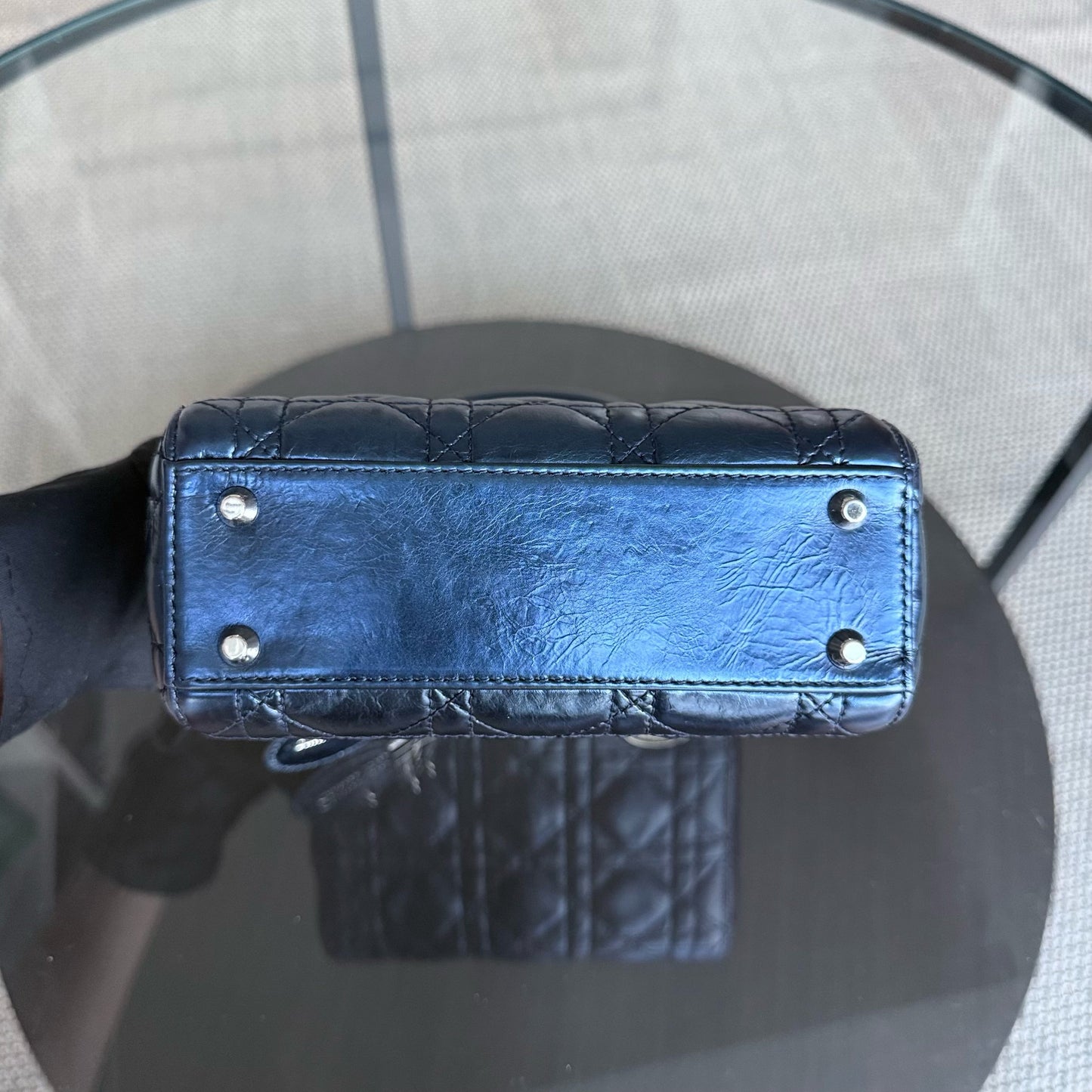 Kovancy Lady Mini - Cuir de veau glacé Cannage bleu métallisé, quincaillerie argentée