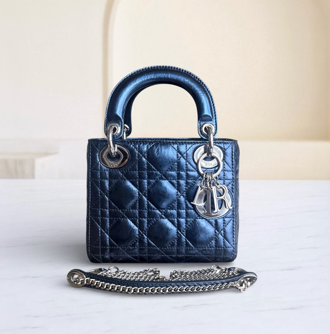 Kovancy Lady Mini - Cuir de veau glacé Cannage bleu métallisé, quincaillerie argentée
