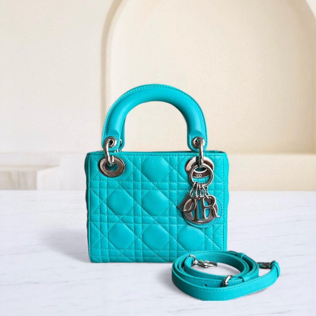 Kovancy Lady Mini - Sangle réglable en cuir d'agneau Cannage bleu cyan et matériel argenté