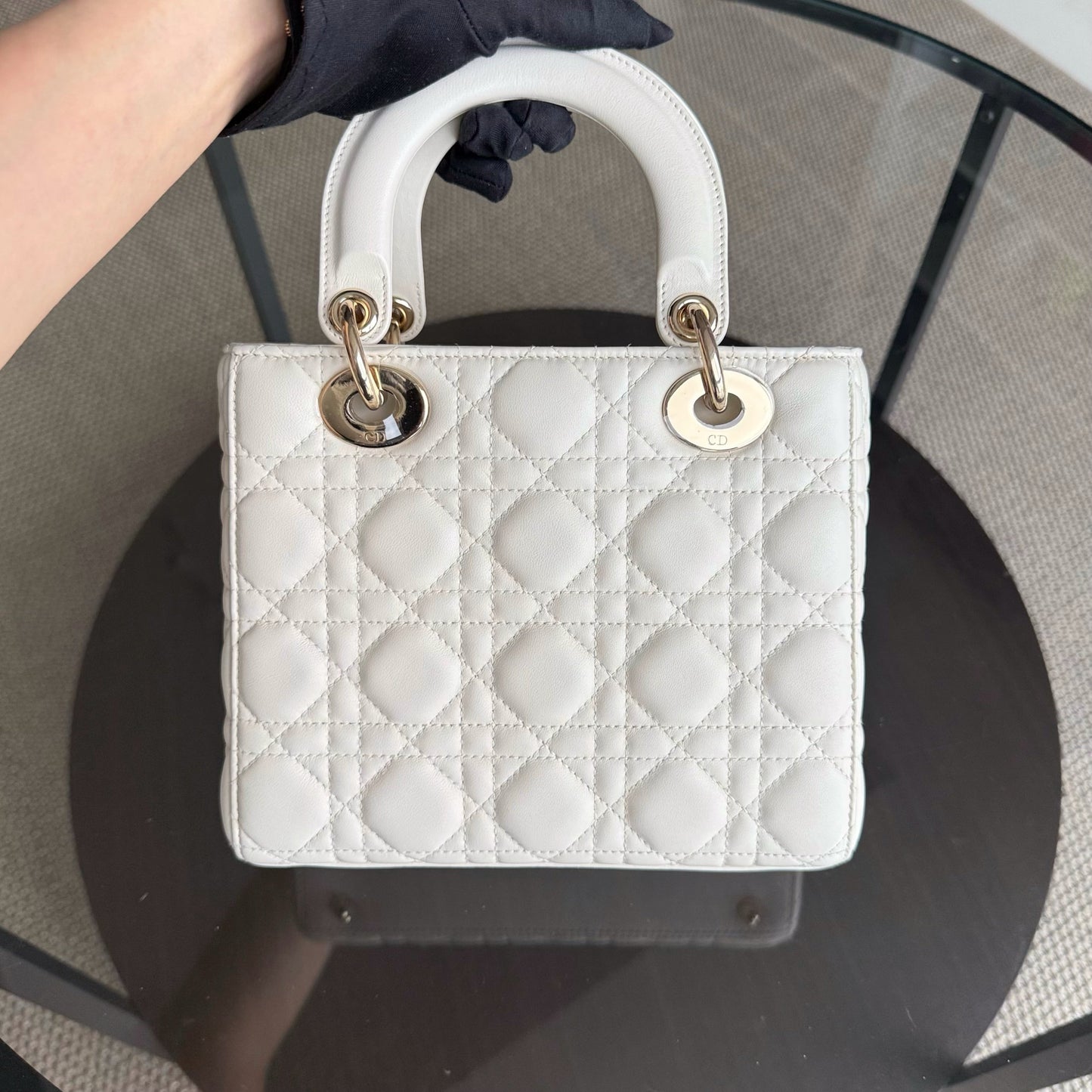 Kovancy MyABC Lady Petit - Cuir d'agneau Cannage blanc, quincaillerie dorée