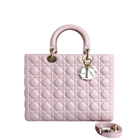 Kovancy Lady Grand modèle - Cuir d'agneau Cannage rose clair avec finitions dorées