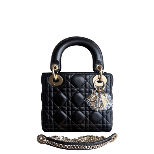 Kovancy Lady Mini - Bracelet chaîne en cuir d'agneau Cannage noir et or
