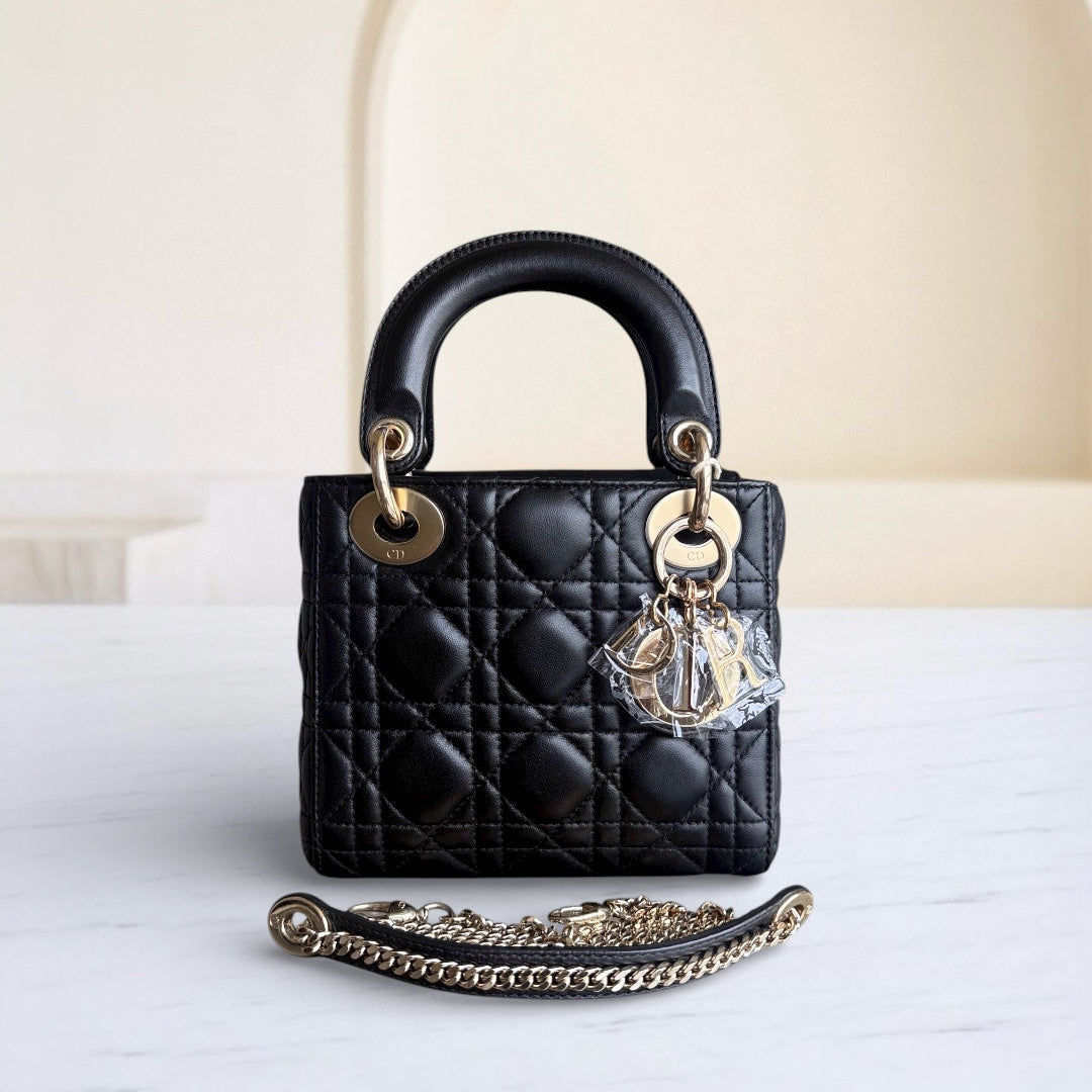 Kovancy Lady Mini - Bracelet chaîne en cuir d'agneau Cannage noir et or