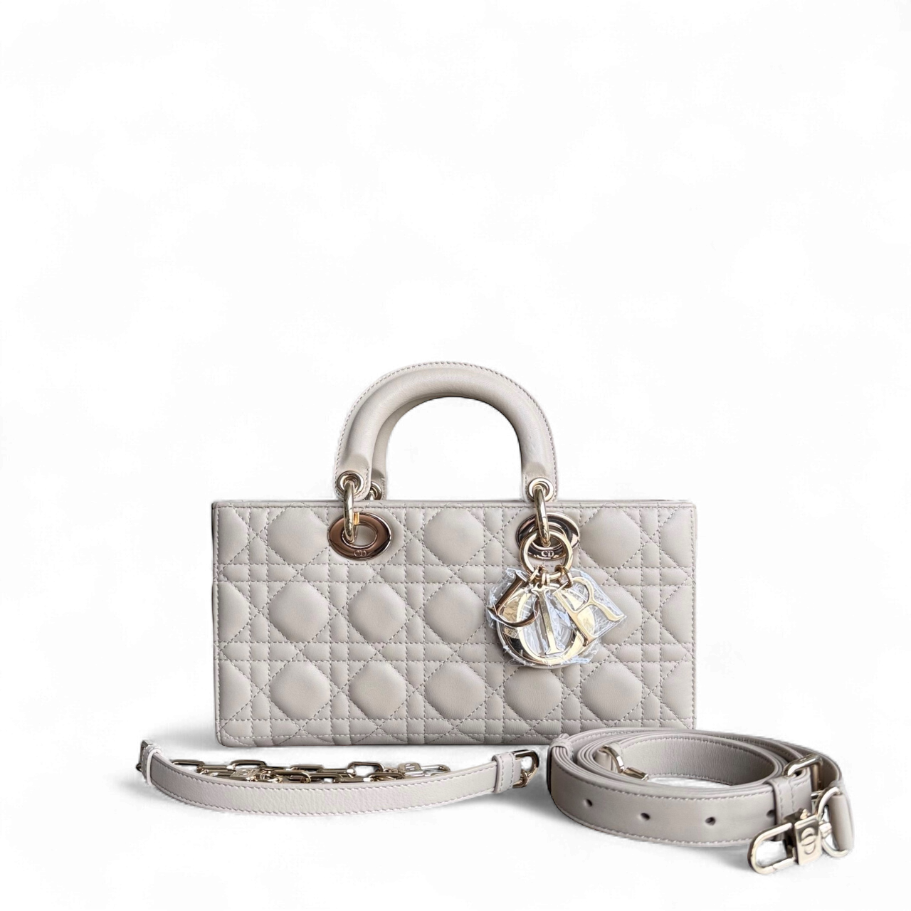 DIO D-Joy Medium Cannage Shoulder Bag in Beige Lambskin with Gold-Tone Hardware