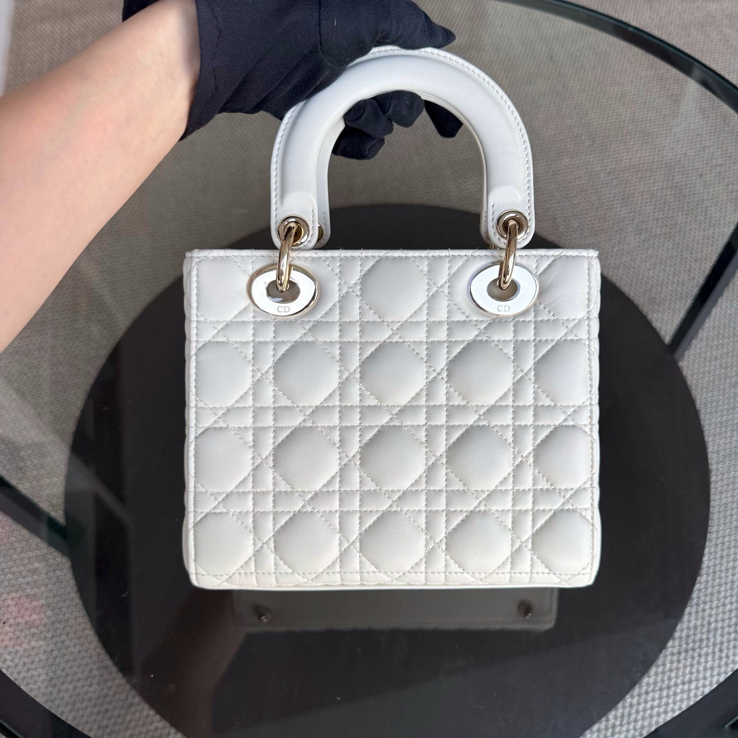 Kovancy Lady Petit - Cuir d'agneau Cannage blanc, quincaillerie dorée