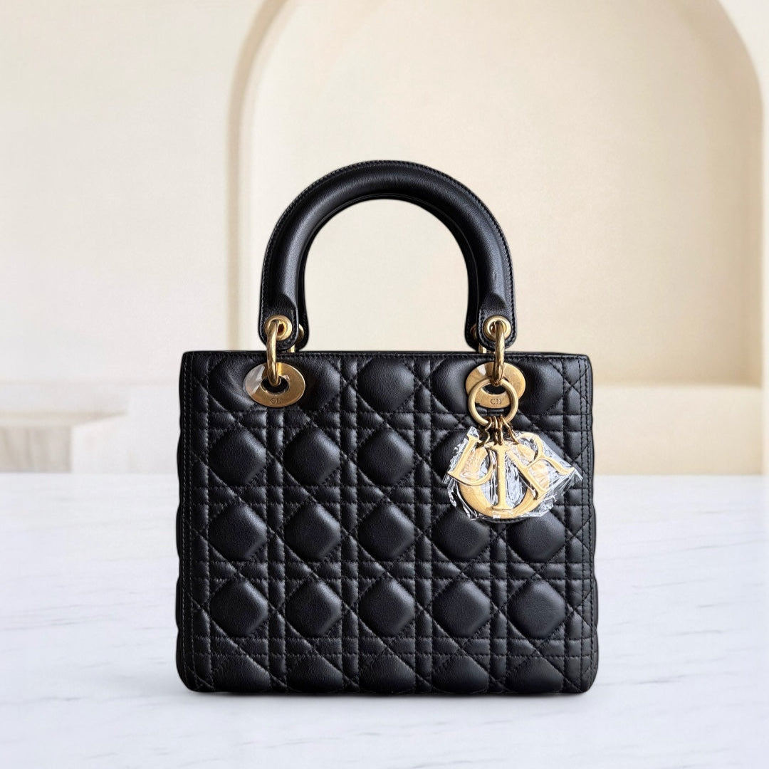 Kovancy Lady Moyen - Cuir d'agneau Cannage noir Quincaillerie dorée SANS SANGLE