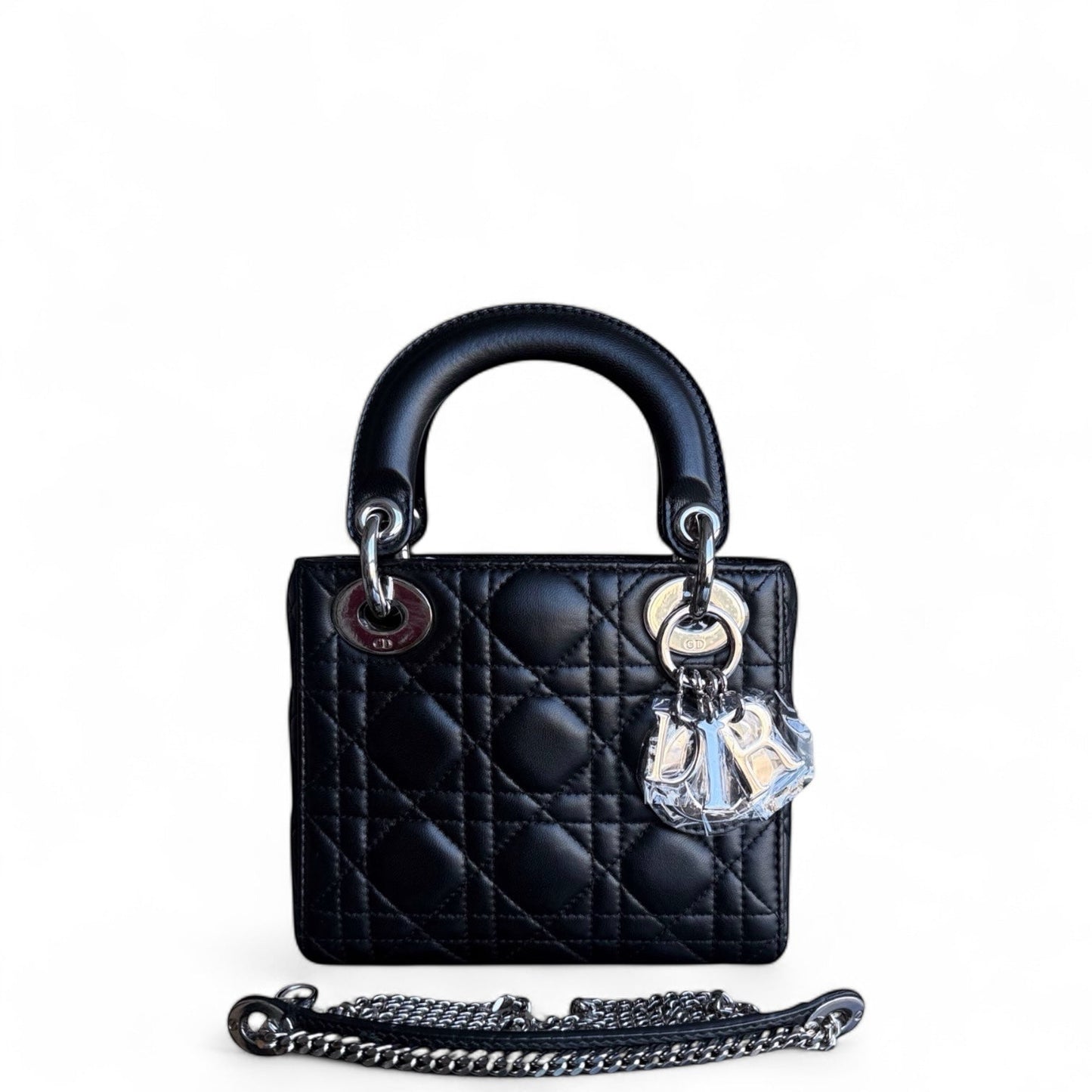 Kovancy Lady Mini - Sangle à chaîne en cuir d'agneau Cannage noir et matériel argenté