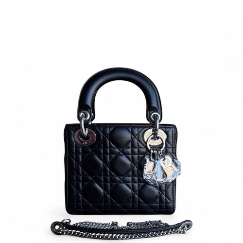 Kovancy Lady Mini - Sangle à chaîne en cuir d'agneau Cannage noir et matériel argenté