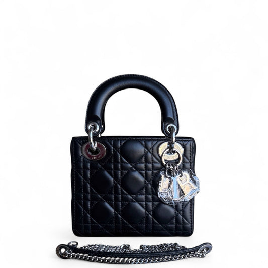 Kovancy Lady Mini - Sangle à chaîne en cuir d'agneau Cannage noir et matériel argenté