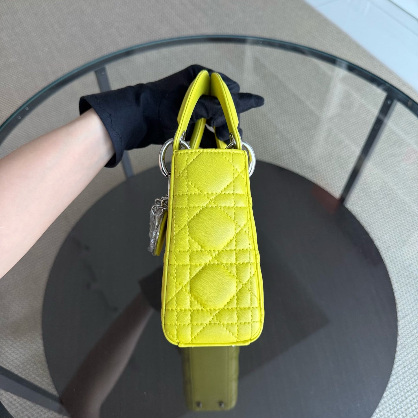 Kovancy Lady Mini - Sangle réglable en cuir d'agneau Cannage jaune et métal argenté