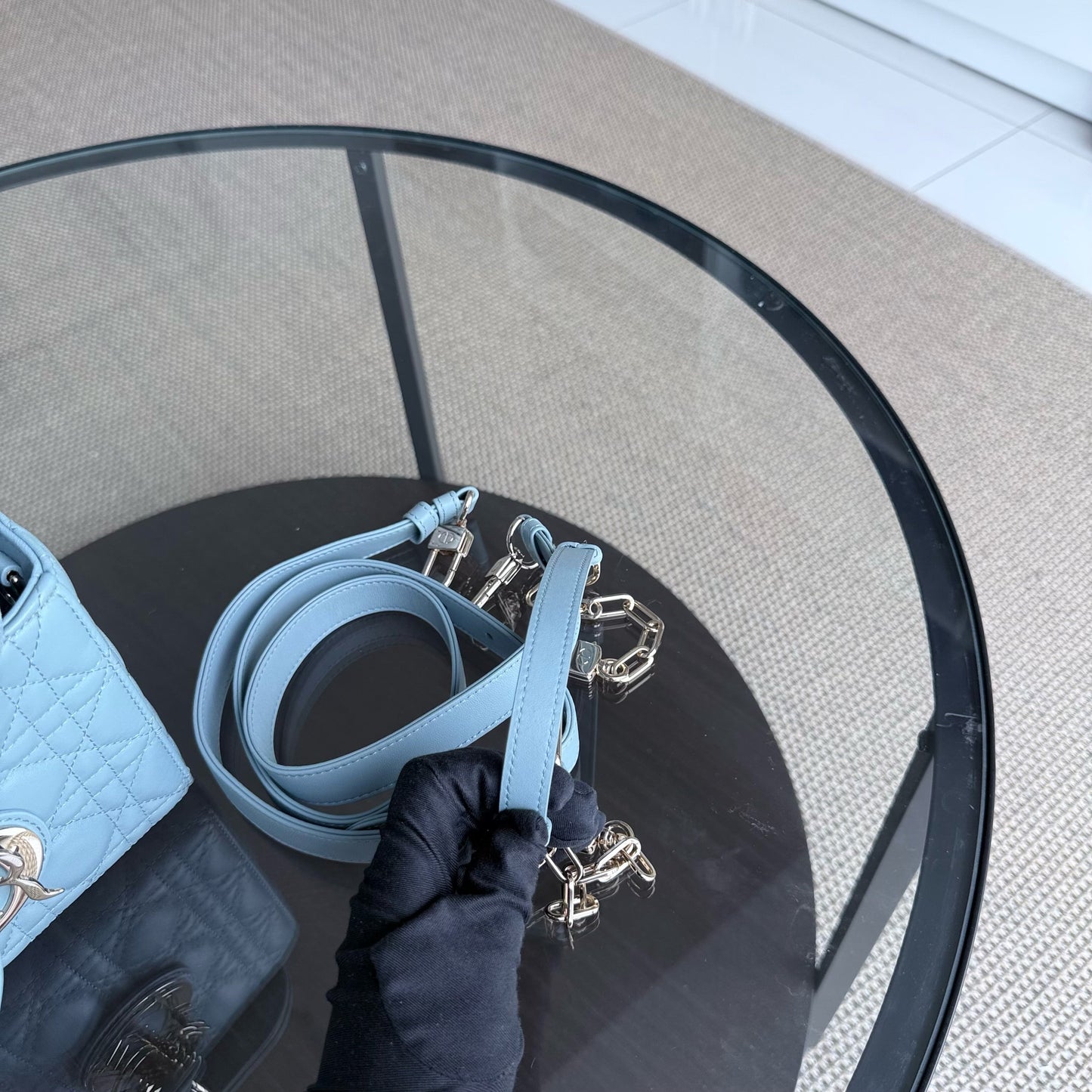 Kovancy D-Joy Medium - Cuir d'agneau Cannage Bleu clair Bleu bébé Ferrures dorées