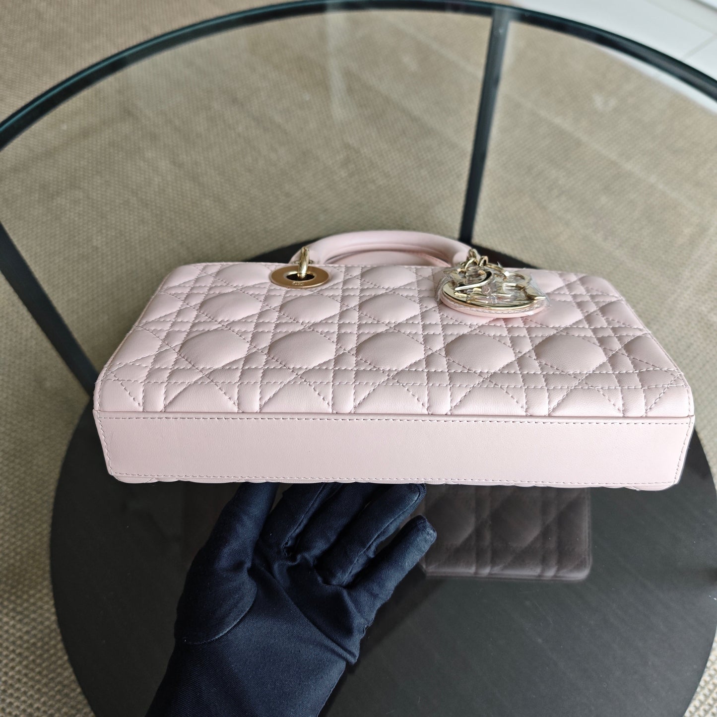 Kovancy D-Joy Medium - Cuir d'agneau Cannage Rose clair Ferrures dorées