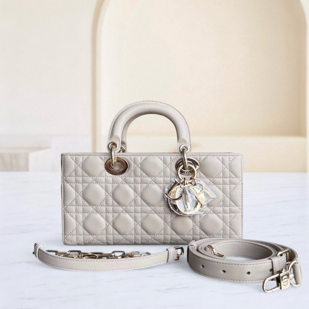 DIO D-Joy Medium Cannage Shoulder Bag in Beige Lambskin with Gold-Tone Hardware