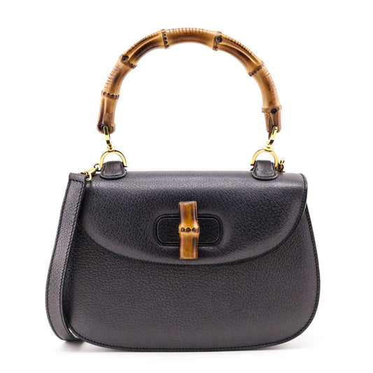 Kovancy Gray Grained Calfskin Bamboo Top Handle Bag