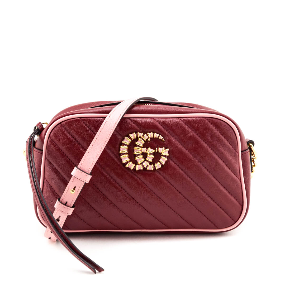 Kovancy New Cherry & Wild Rose Matelasse Diagonal Small Torchon GG Marmont Chain Shoulder Bag
