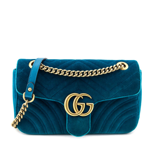 Kovancy Teal Velvet Matelasse Small GG Marmont Shoulder Bag