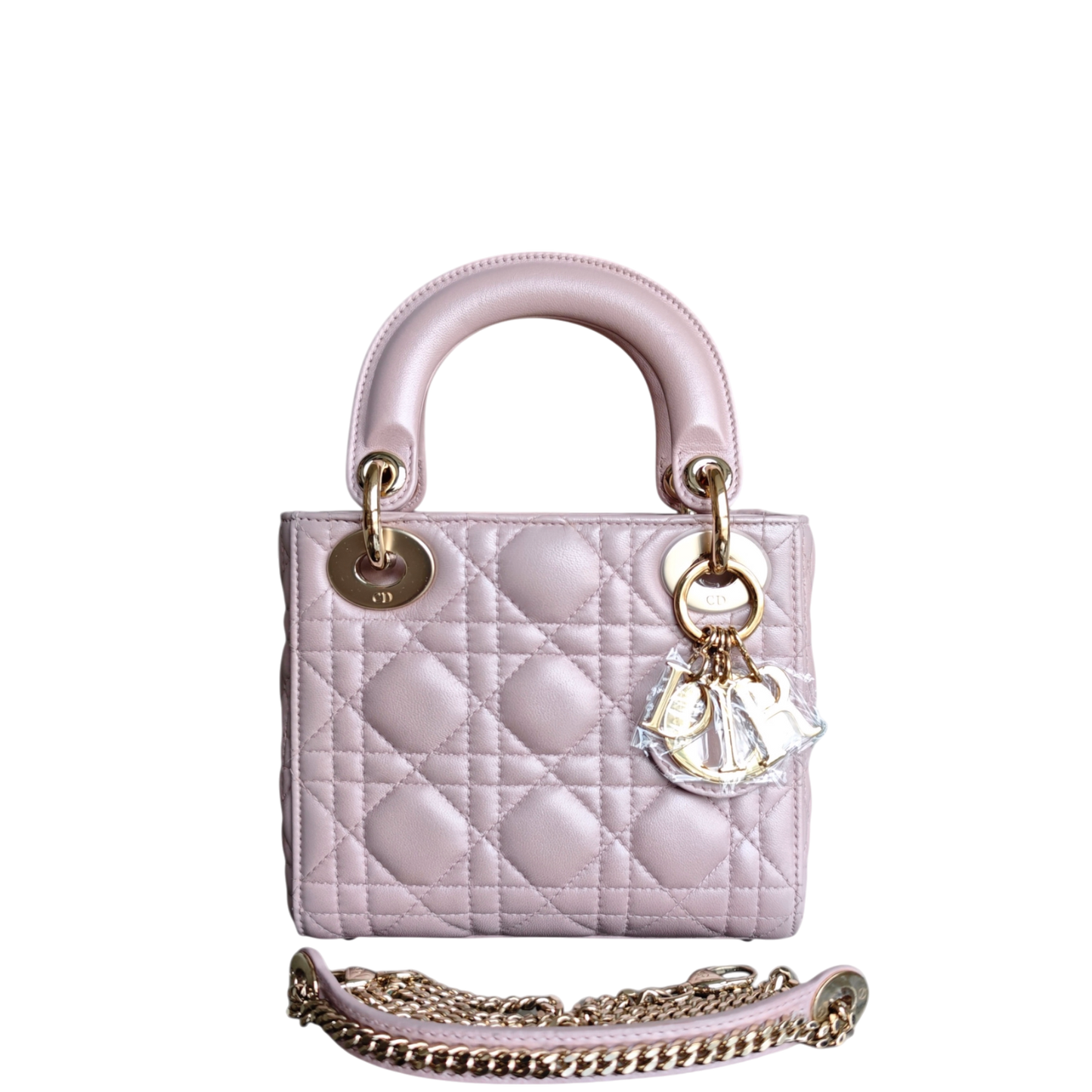 Kovancy Lady Mini - Bracelet chaîne en cuir d'agneau rose clair Cannage et finitions dorées