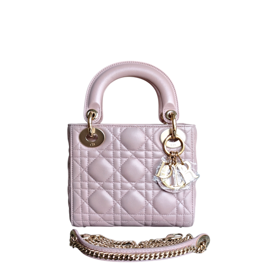Kovancy Lady Mini - Bracelet chaîne en cuir d'agneau rose clair Cannage et finitions dorées