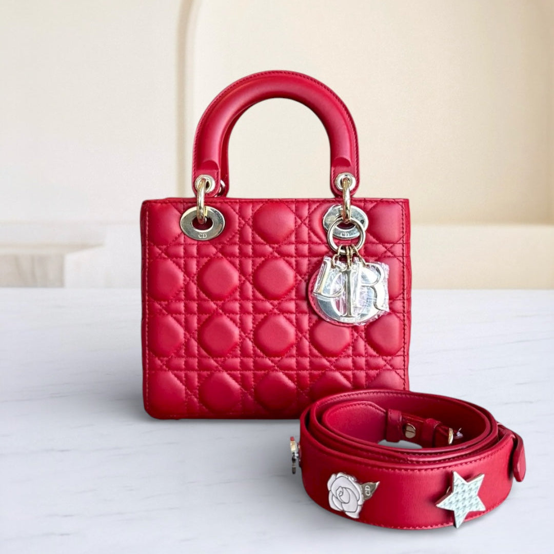Kovancy Lady Petit rabat - Agneau Cannage, finitions or rouge