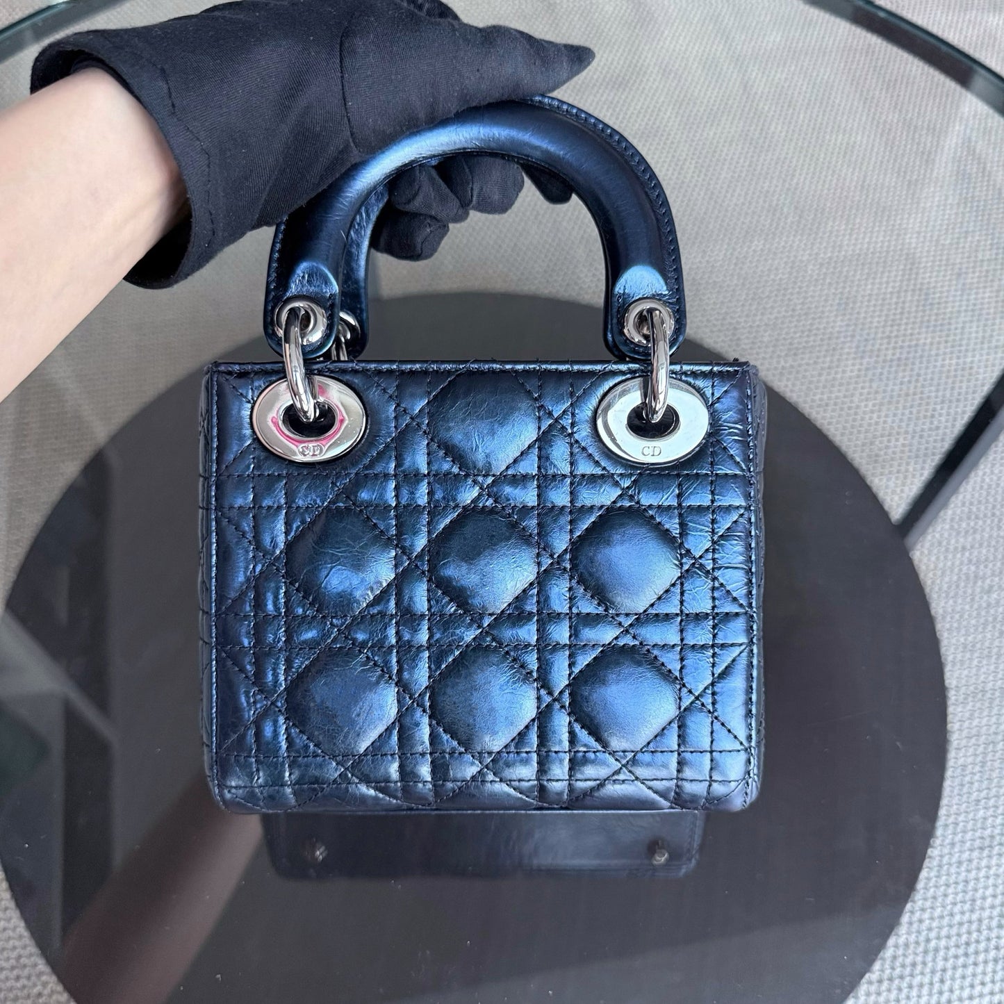Kovancy Lady Mini - Cuir de veau glacé Cannage bleu métallisé, quincaillerie argentée