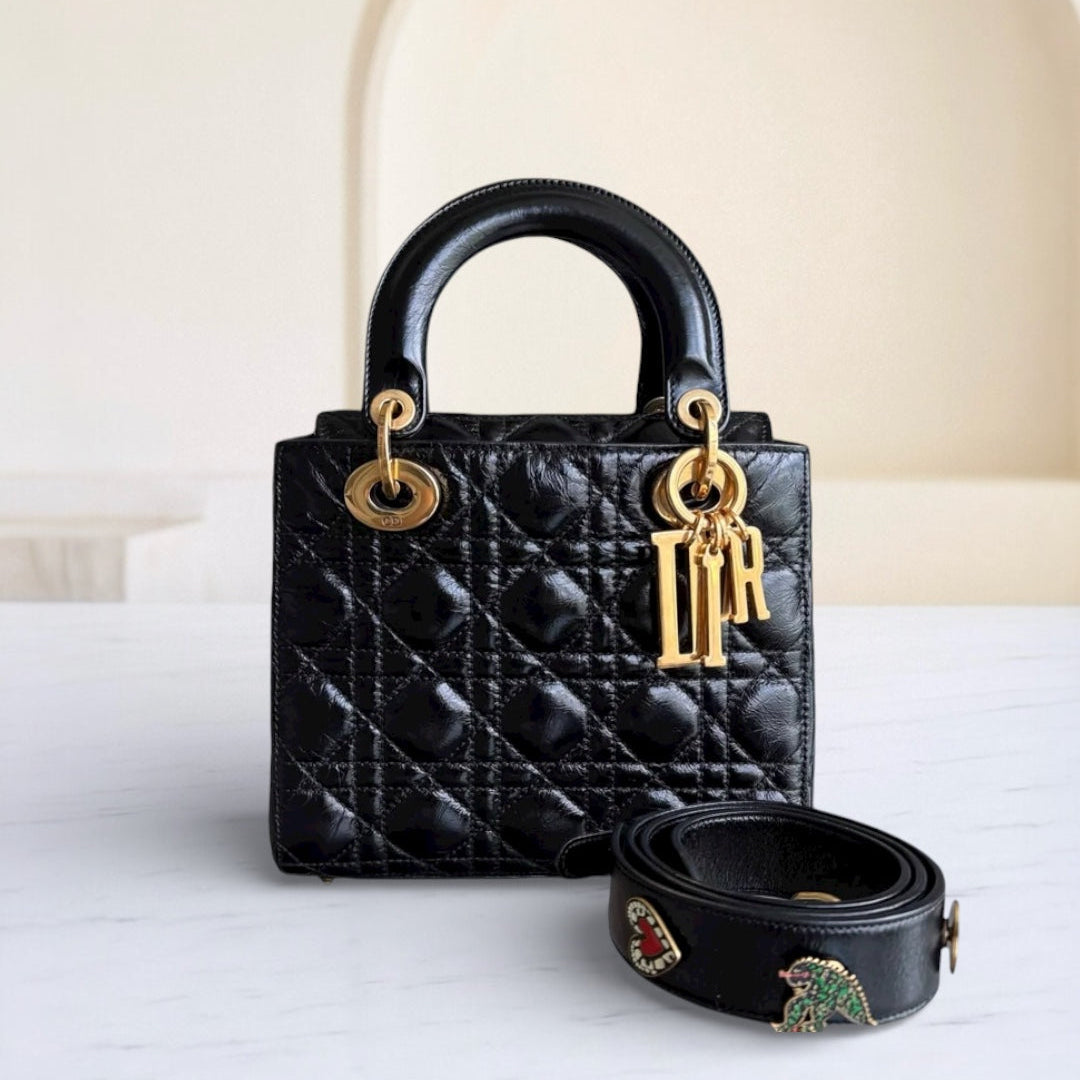 Kovancy Lady Petit modèle - Cuir de veau glacé Cannage, finitions noires et dorées