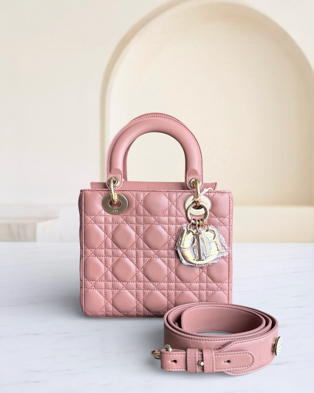 DIOR Lady Small flap bag - Cannage lambskin, blush pink, gold-tone hardware