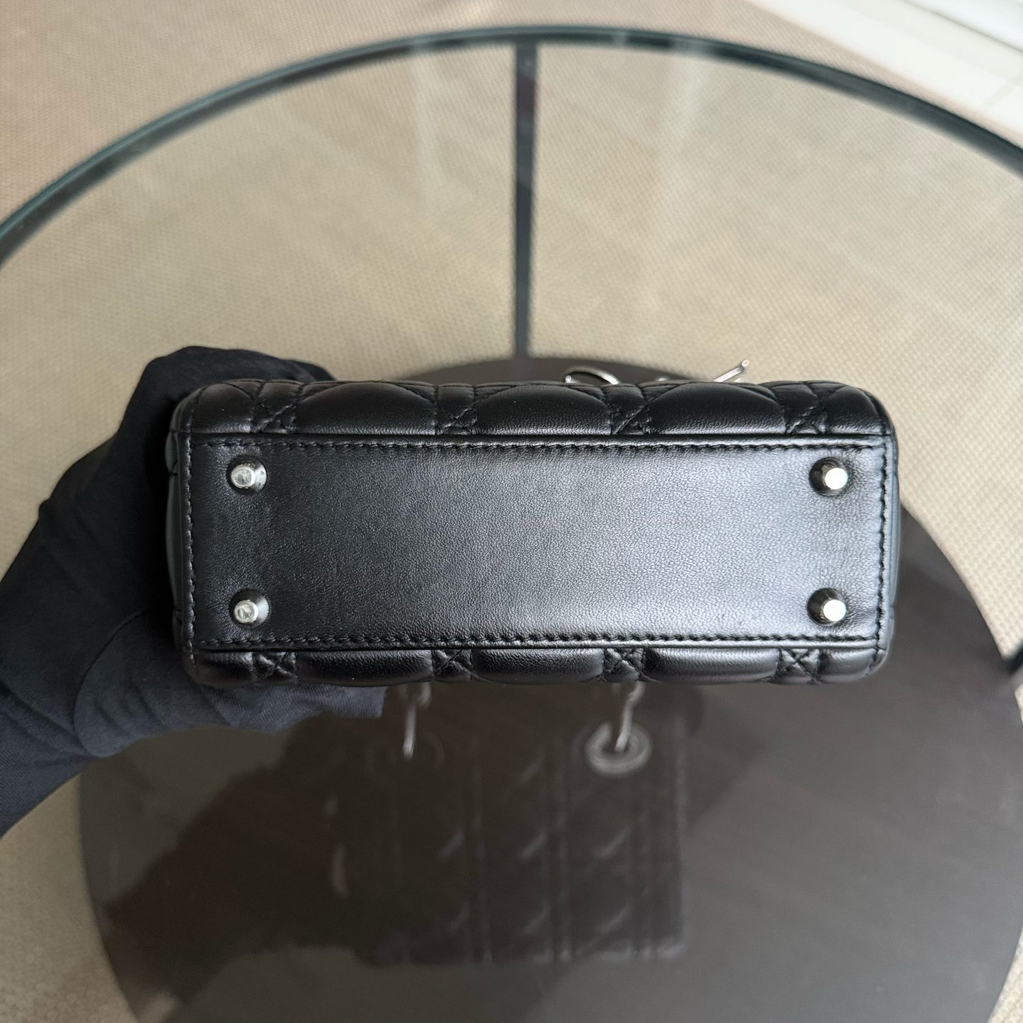 Kovancy Lady Mini - Sangle réglable en cuir d'agneau Cannage noir et argent